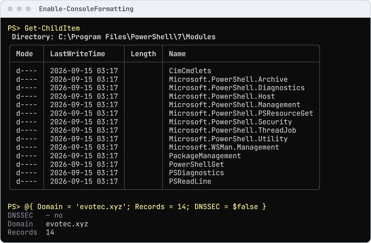 Get-ChildItem and a hashtable after Enable-ConsoleFormatting