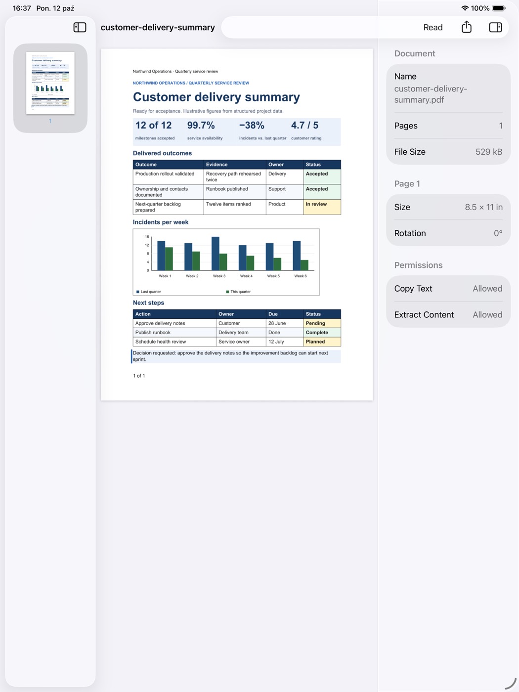 OfficeIMO Studio on iPad reading a PDF with the page list.