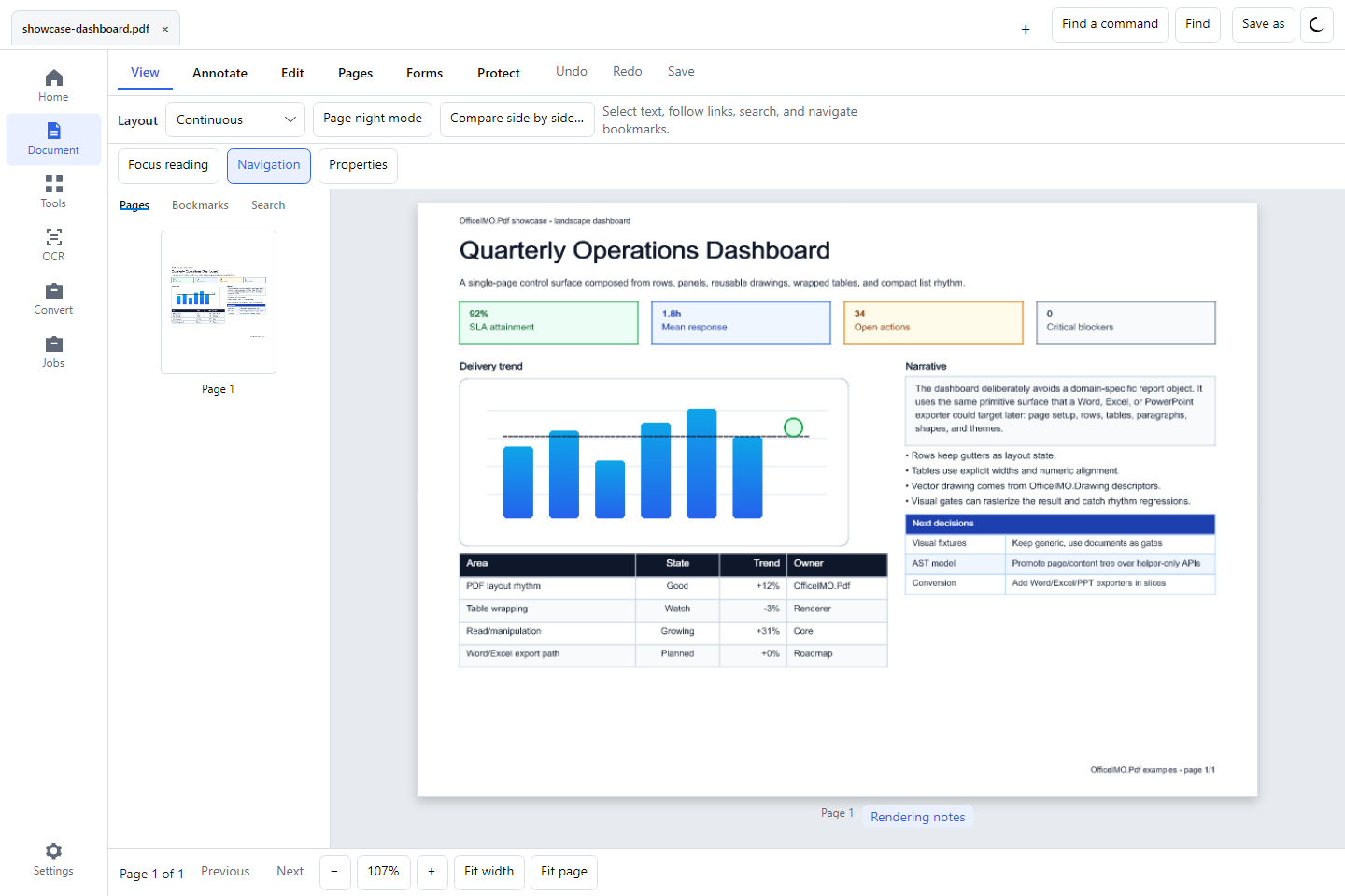 OfficeIMO Studio on the desktop with a sample PDF, page navigation and document tools.