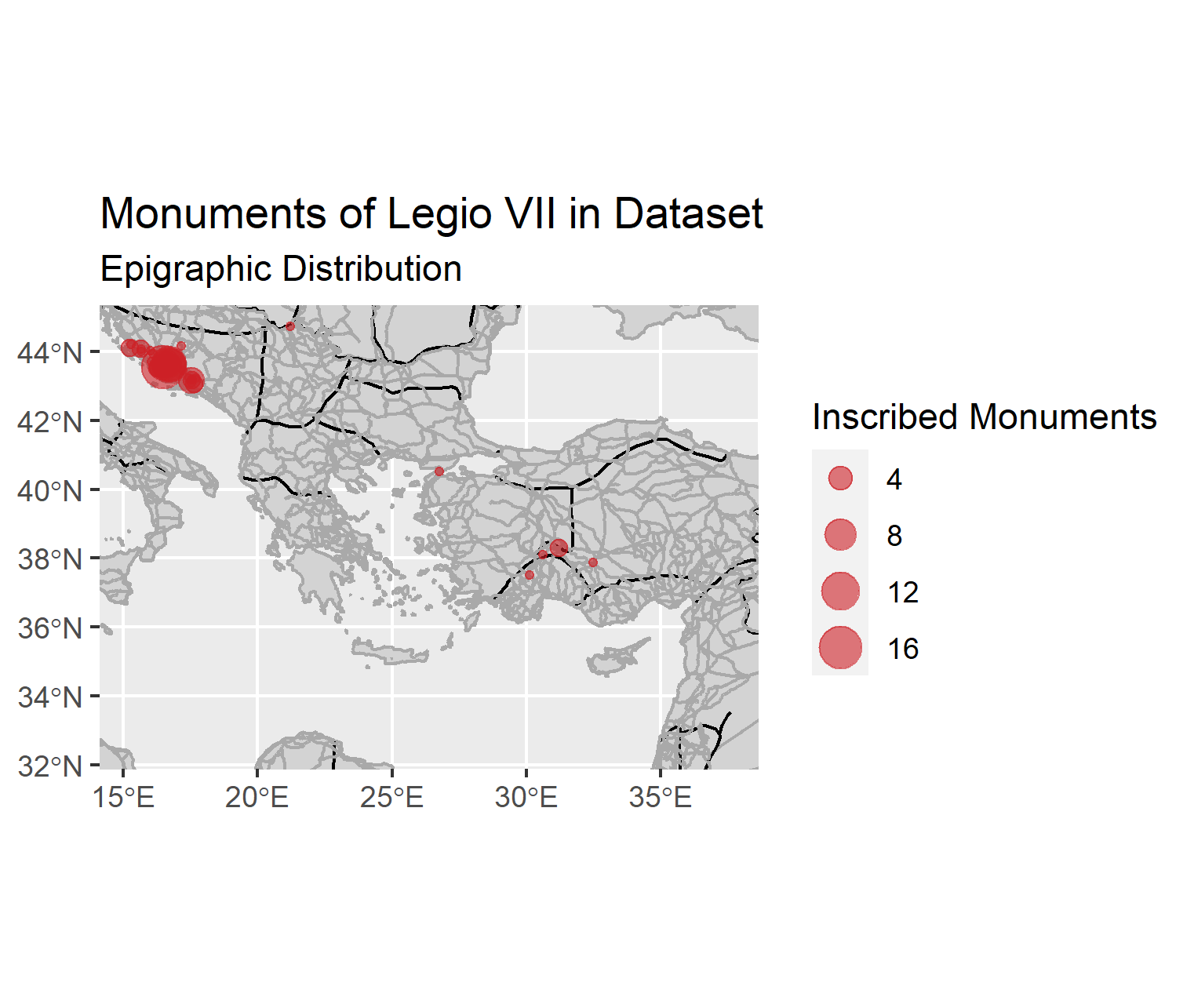 a proportional scale map of the monuments of legio seven. they cluster along the eastern Adriatic coastline, with select plots in Serbia and turkey