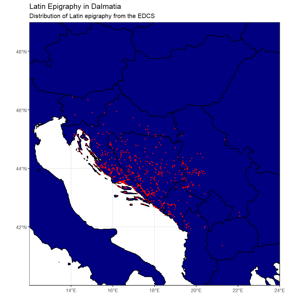 Scatter map of all locations where Roman epigraphy has been found in Dalmatia. The modern regions comprising Dalmatia are blue on this map, and the inscriptions are marked by red dots which scatter the landscape, clustering along the Adriatic coastline