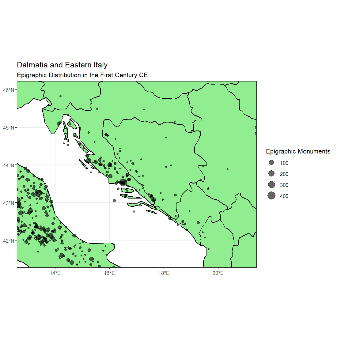 Scatter map of all locations where roman epigraphy has been found in Dalmatia dating between 30BCE and 150 CE. The modern regions conprising Dalmatia are light green on this map, and the inscriptions are marked by transparent black dots which scatter the landscape in various sizes, clustering along the adriatic coastline