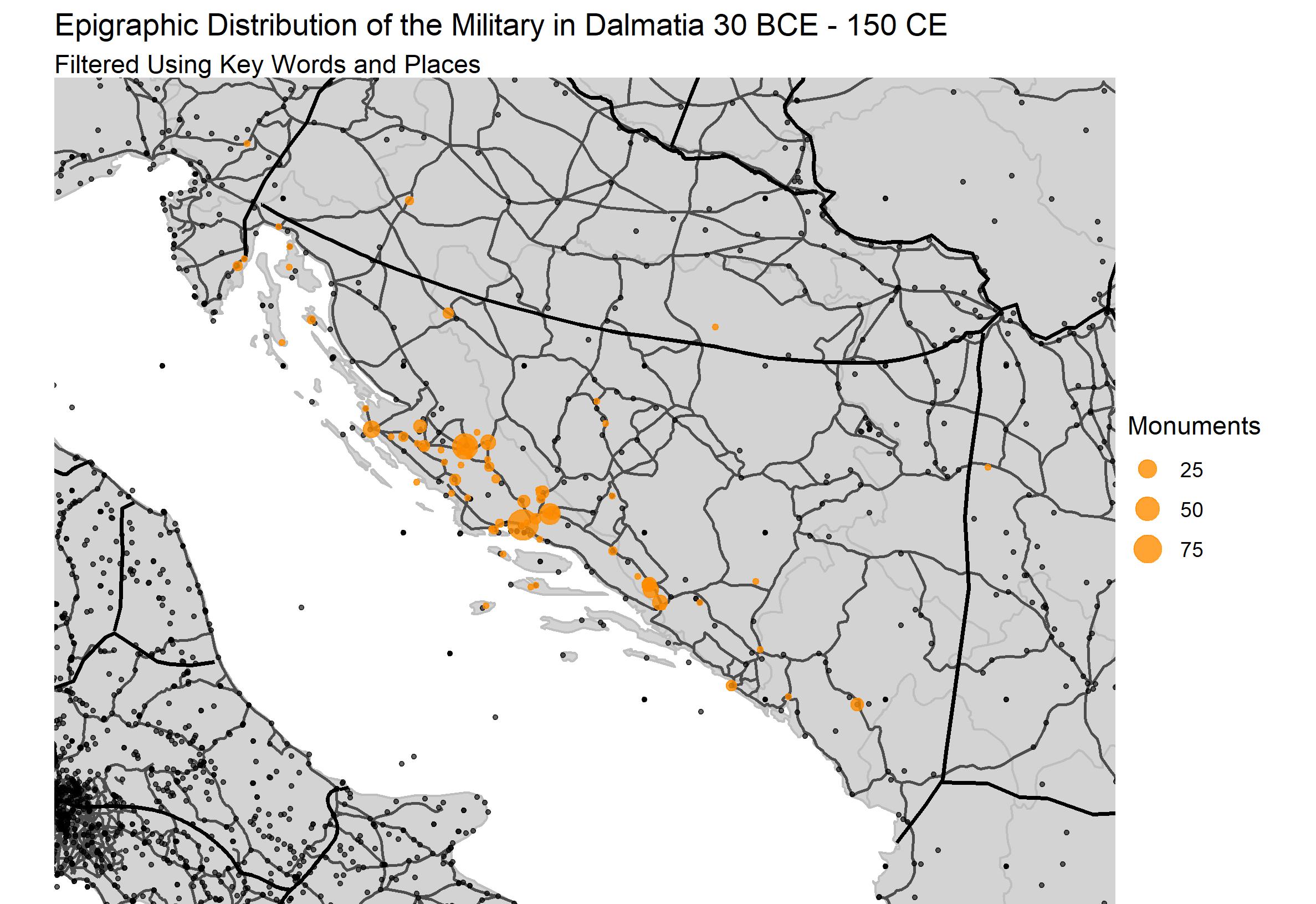 scaled scatter map of the distribution of military monuments in roman dalmatia. title reads Epigraphic Distribution of the Military in Dalmatia, subtitle reads Undated Monuments and Monuments Dated 30 BCE–150 CE. x-axis goes from 12 east to 22 east. y-axis goes from 41 north to 46 and a half north. map is of the eastern Adriatic coastline. Key consists of 4 orange circles increasing in size, with the smallest representing 25, the second 50, the third 75, and the last 100.