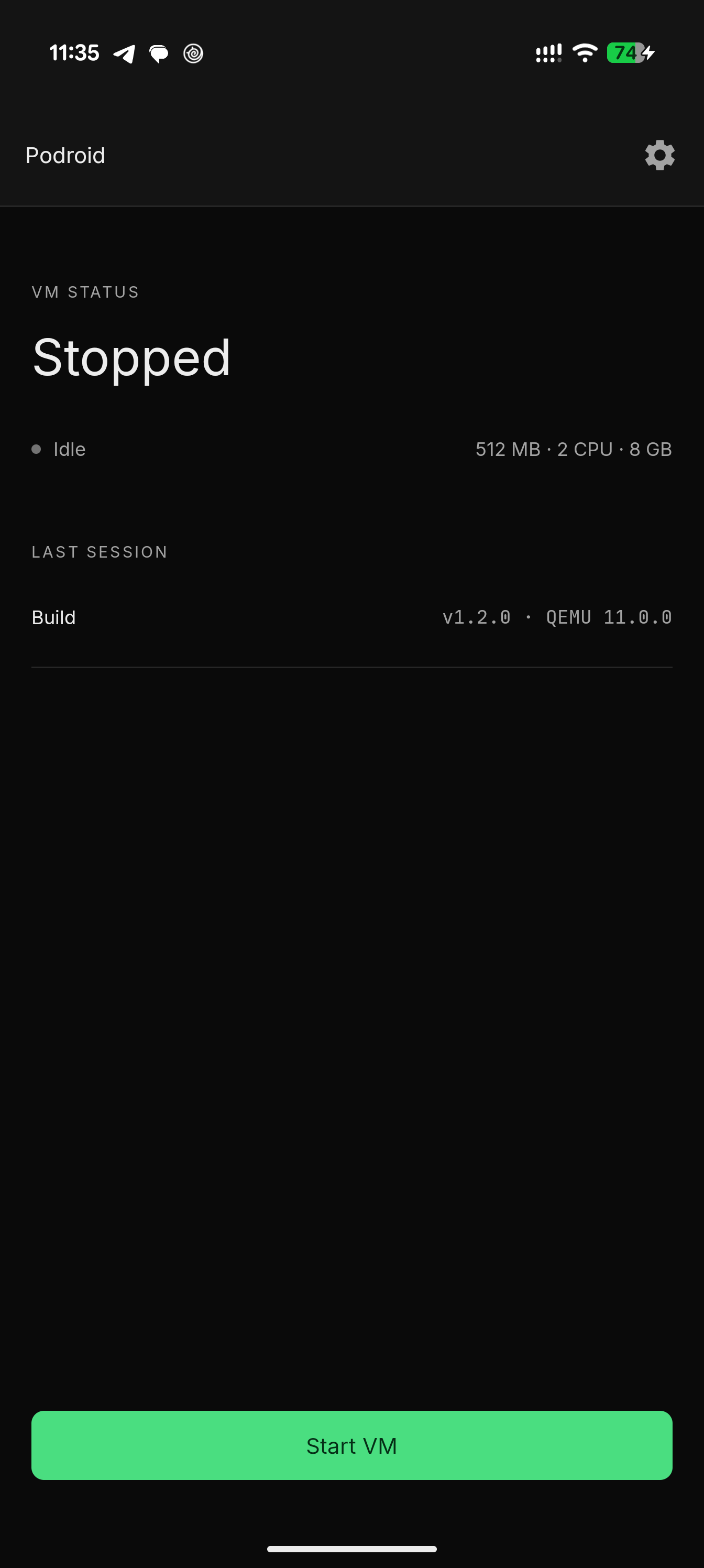 Home screen before the VM starts
