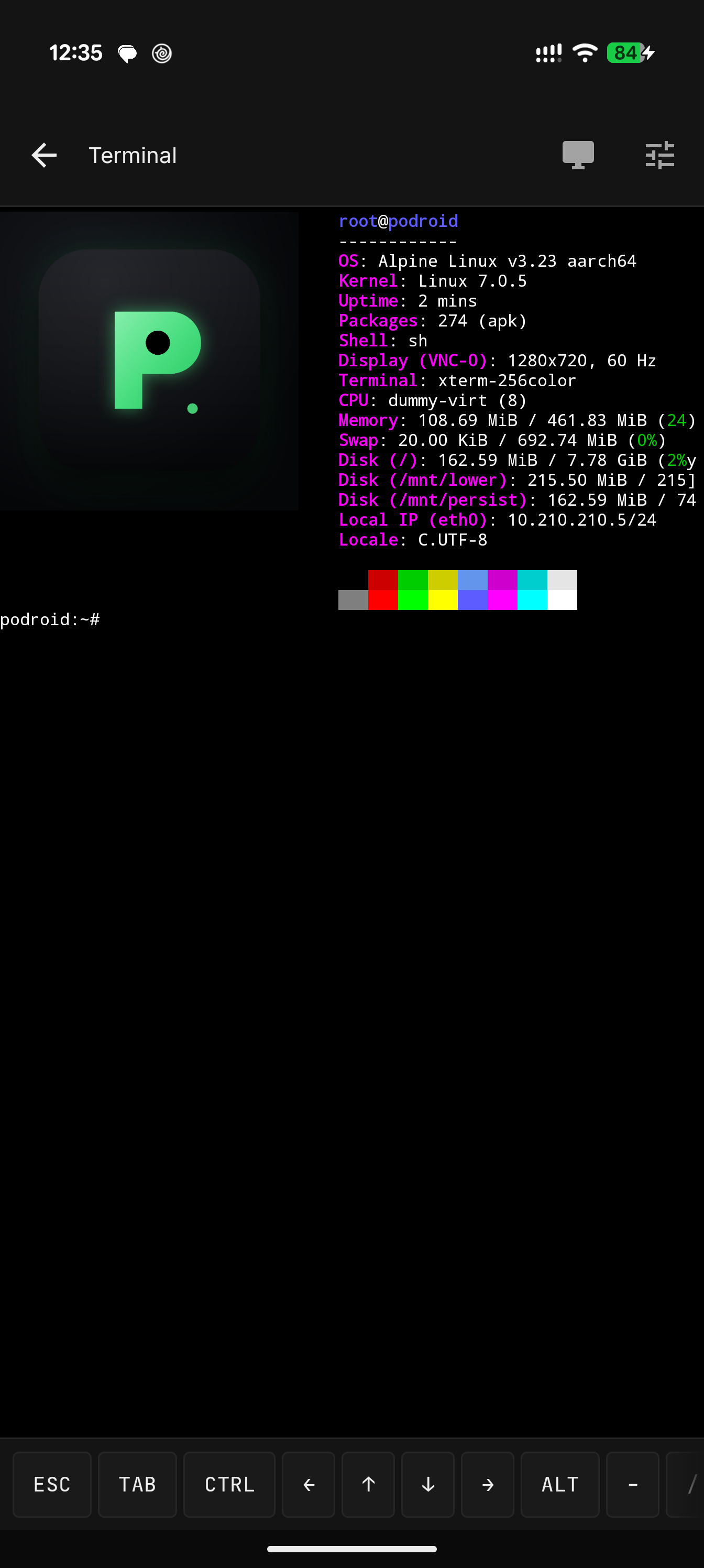 Built-in terminal showing Alpine system info
