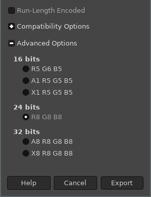 Screenshot showing GIMP's BMP export window with the "Advanced Options" dialog enabled and the 24-bits R8 G8 B8 radio button selected.