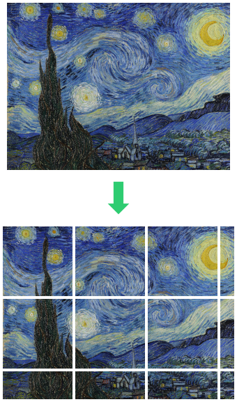 A diagram showing a 240x320px image of the painting Starry Night being broken up into 12 100x100px tile images in order to make it easier to display on a 240x320px screen.