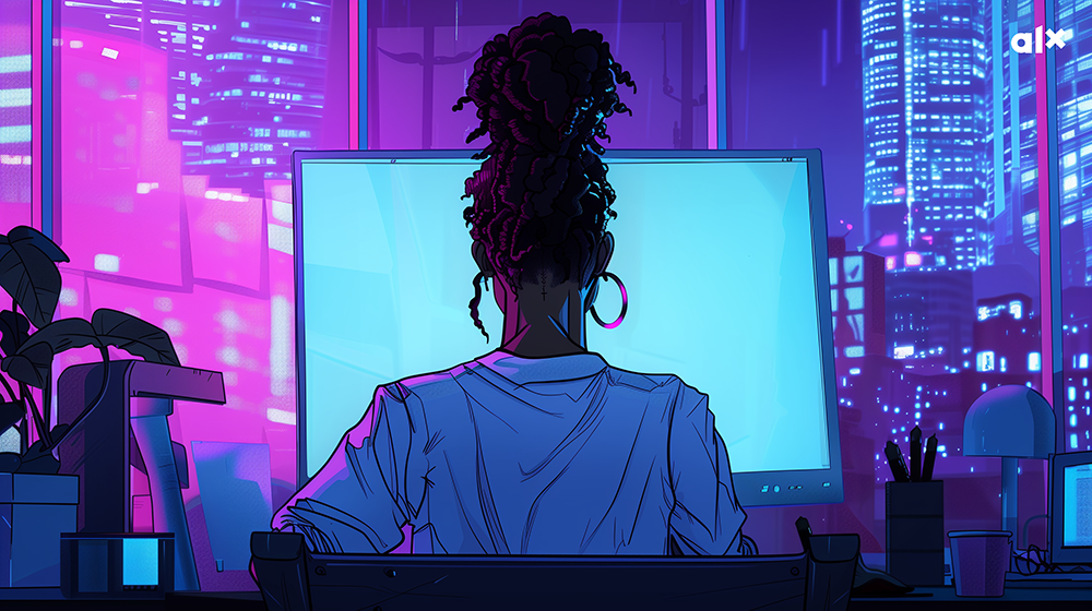 A female looking at a computer screen ready to harness the power of AI to stand out in a competitive landscape and secure your dream career.