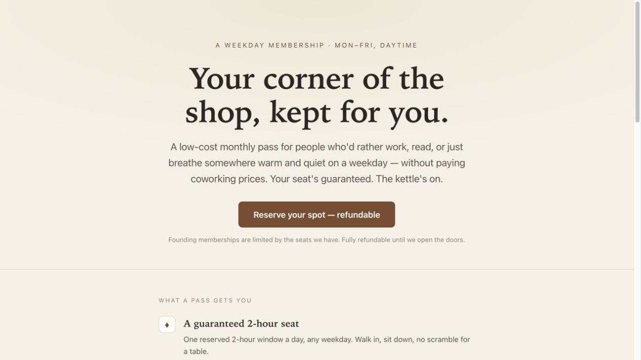 The Third-Place Pass landing page built from Rapidly's recommended Fake Door experiment.