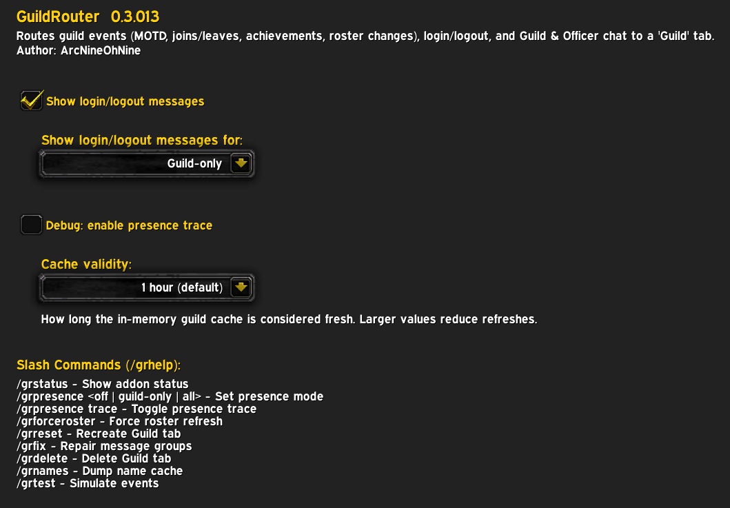 Screenshot: GuildRouter addon options