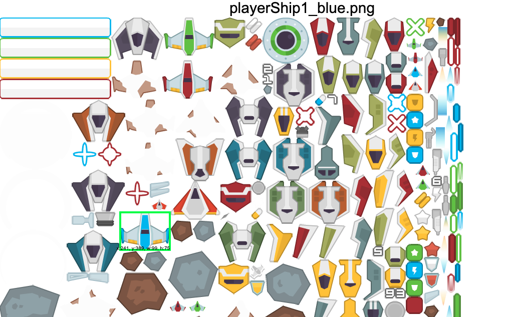 A screenshot of the spritesheet viewer showing the space shooter redux spritesheet