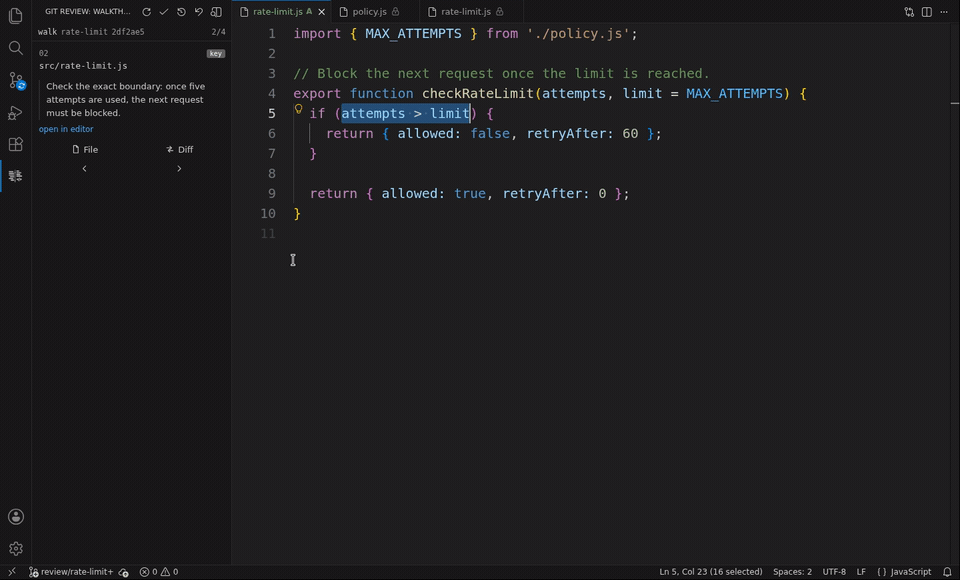 The reviewer corrects the boundary in VS Code and runs the three tests.