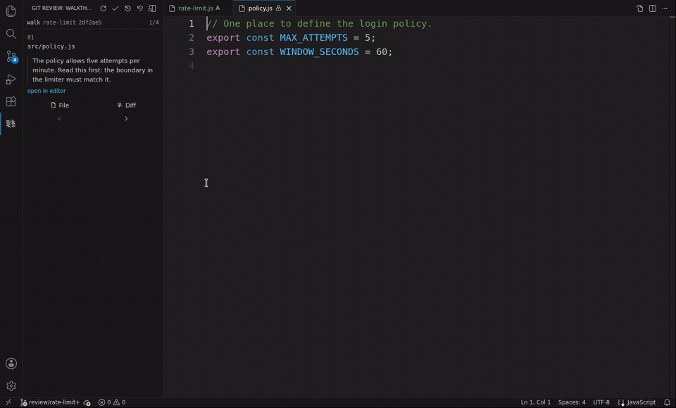 The VS Code panel moves from the policy to the limiter and shows the author's reason for the change.