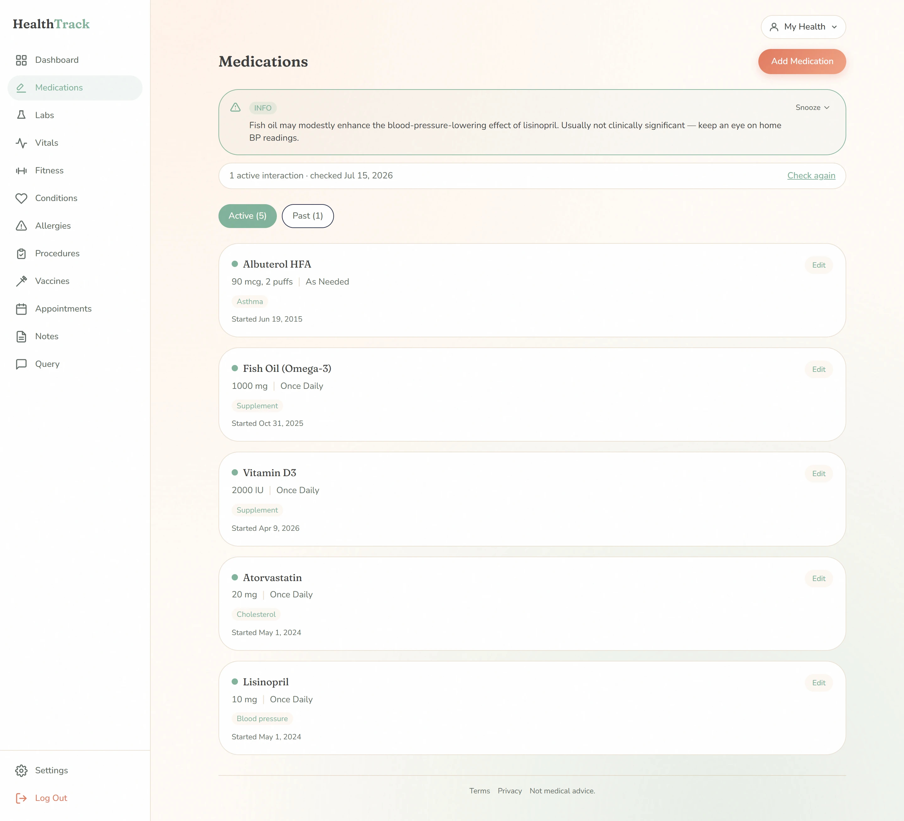 Medications with AI interaction status bar