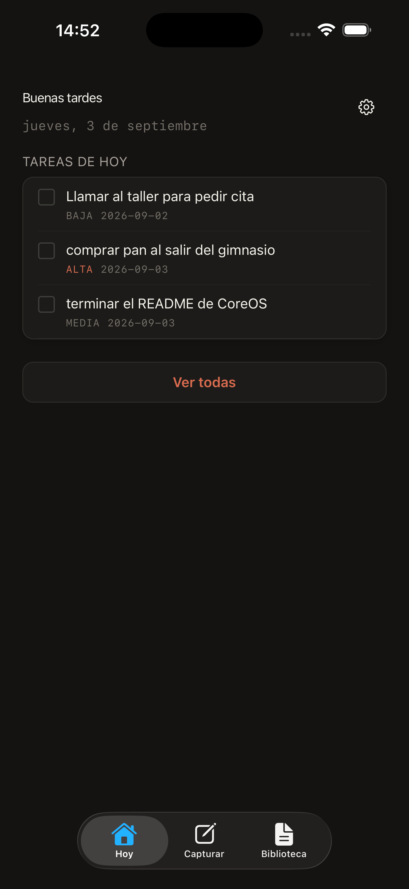 Pantalla Today de CoreOS