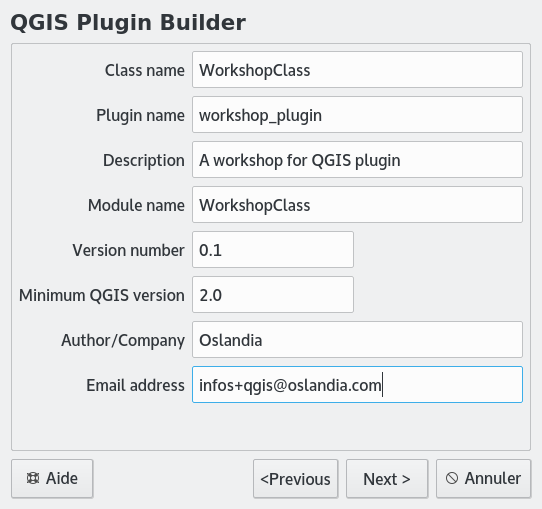 Fenêtre de création de plugin de Plugin Builder