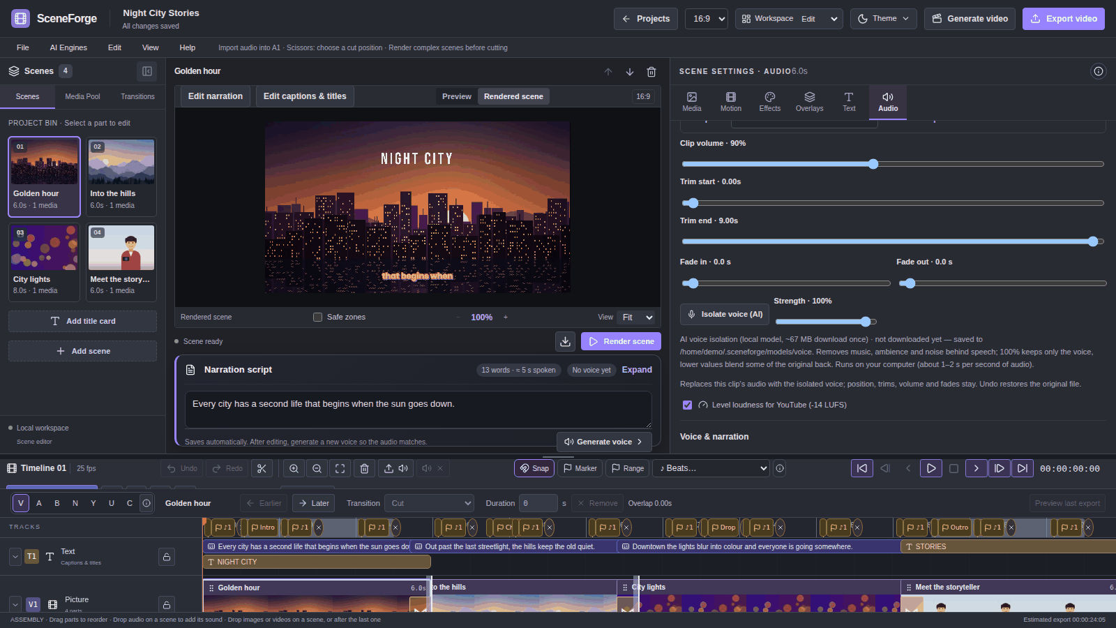 Audio inspector for the selected Street atmos clip: clip volume, trims and fades, the Isolate voice (AI) button with its strength slider and first-use download note, and YouTube loudness levelling
