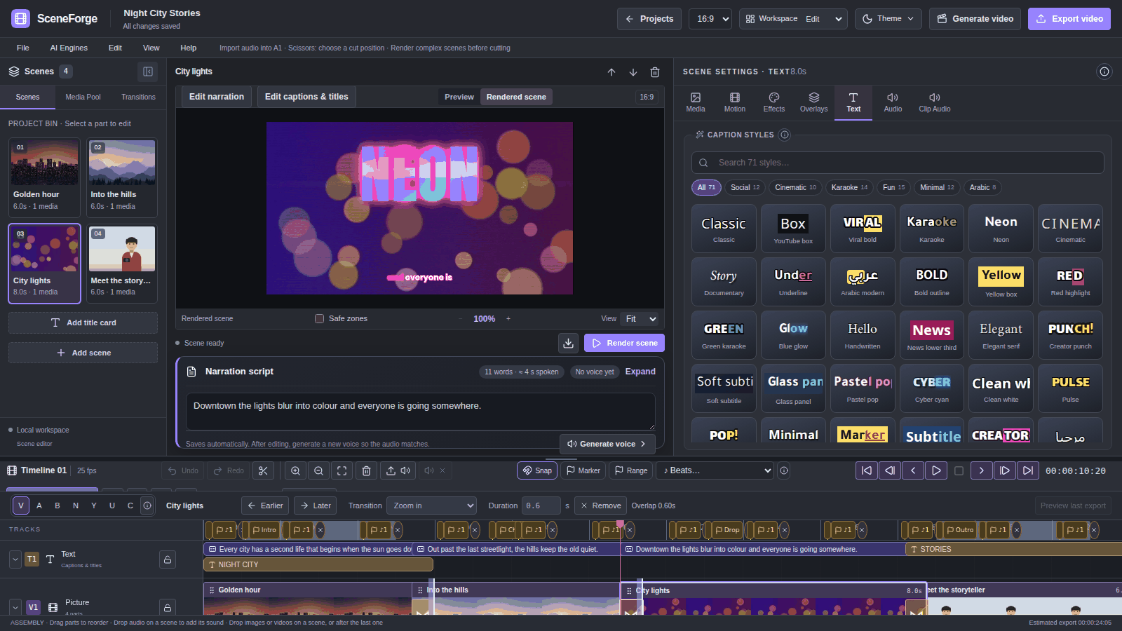 Text tab with the caption style picker: 71 styles filtered by Social, Cinematic, Karaoke, Fun, Minimal and Arabic, next to a rendered scene with a neon textured title and a Neon pink karaoke caption