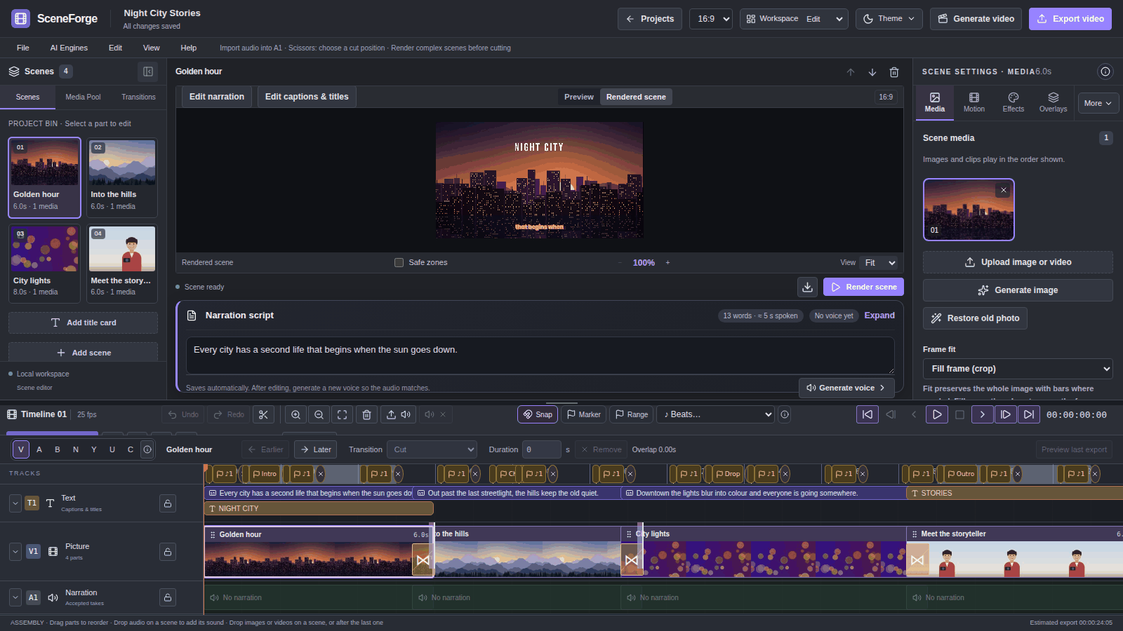 The SceneForge editor: scene bin, rendered scene preview with an iris-reveal title and a two-tone caption, scene settings, and the timeline with text, picture, narration and colour/beat markers