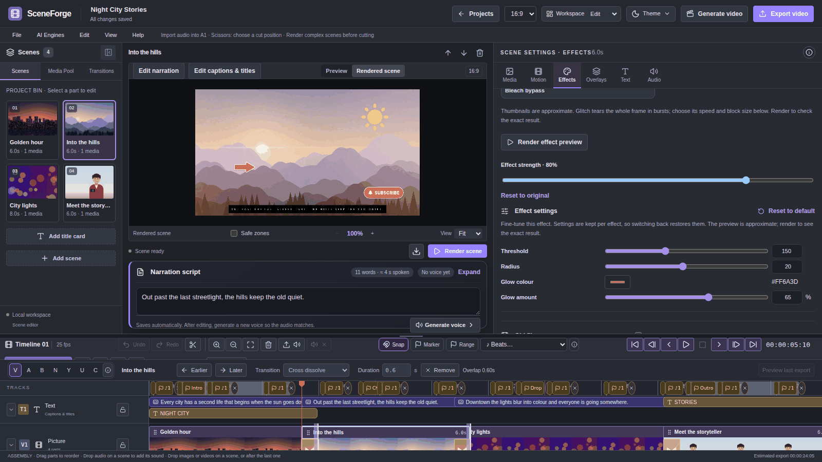 Effects tab for a mountain scene: effect strength and the Halation settings (threshold, radius, glow colour, glow amount)