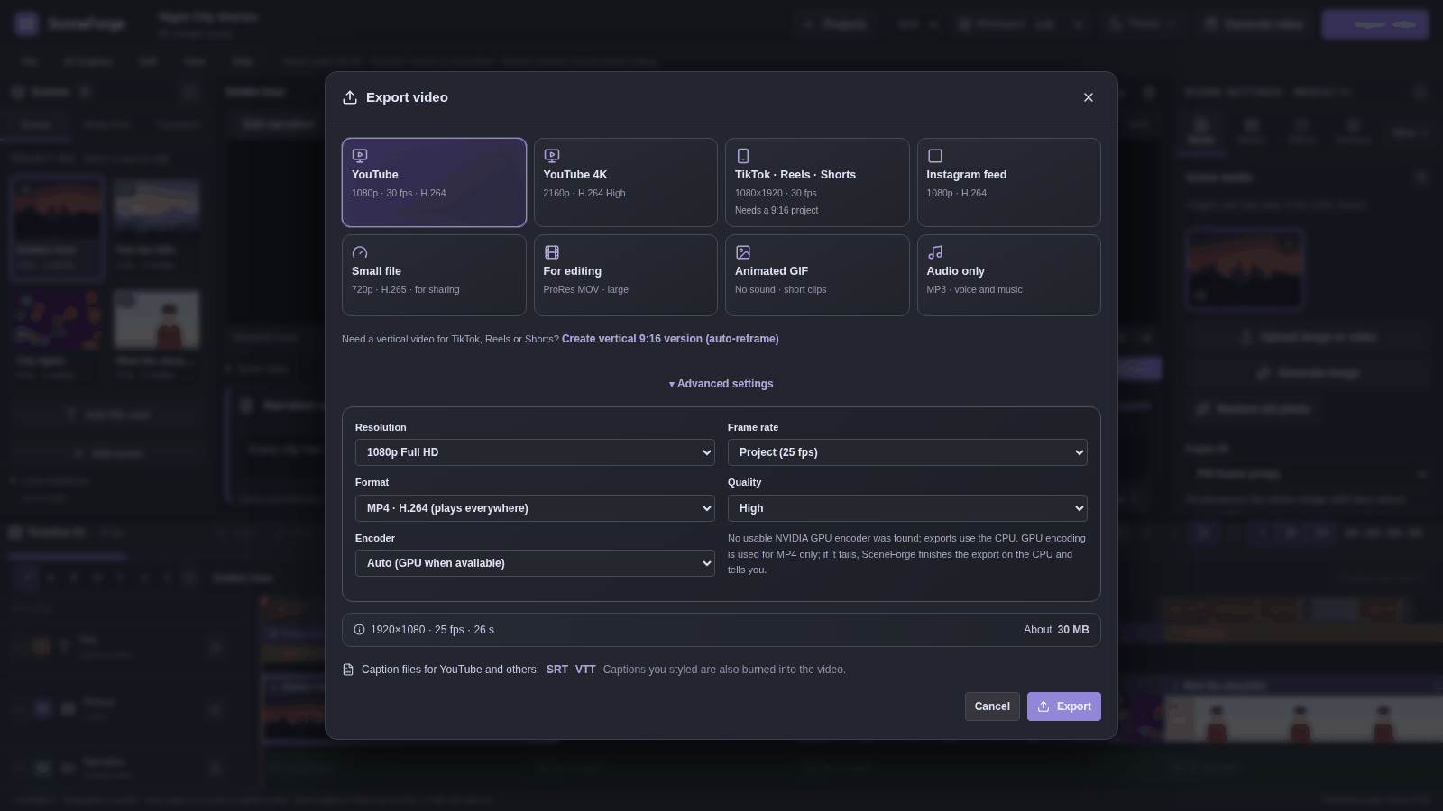 Export dialog with YouTube, YouTube 4K, TikTok/Reels/Shorts, Instagram, Small file, For editing, Animated GIF and Audio only presets, advanced settings, the size estimate and SRT/VTT caption files