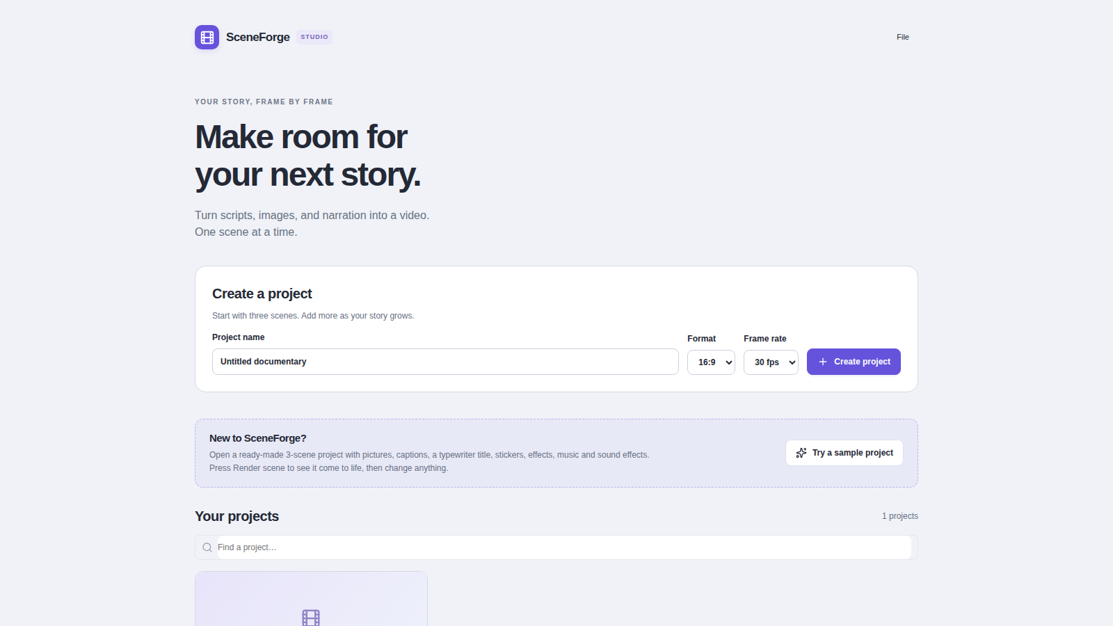 Project home in the Daylight theme: create a project with format and frame rate, and the project list