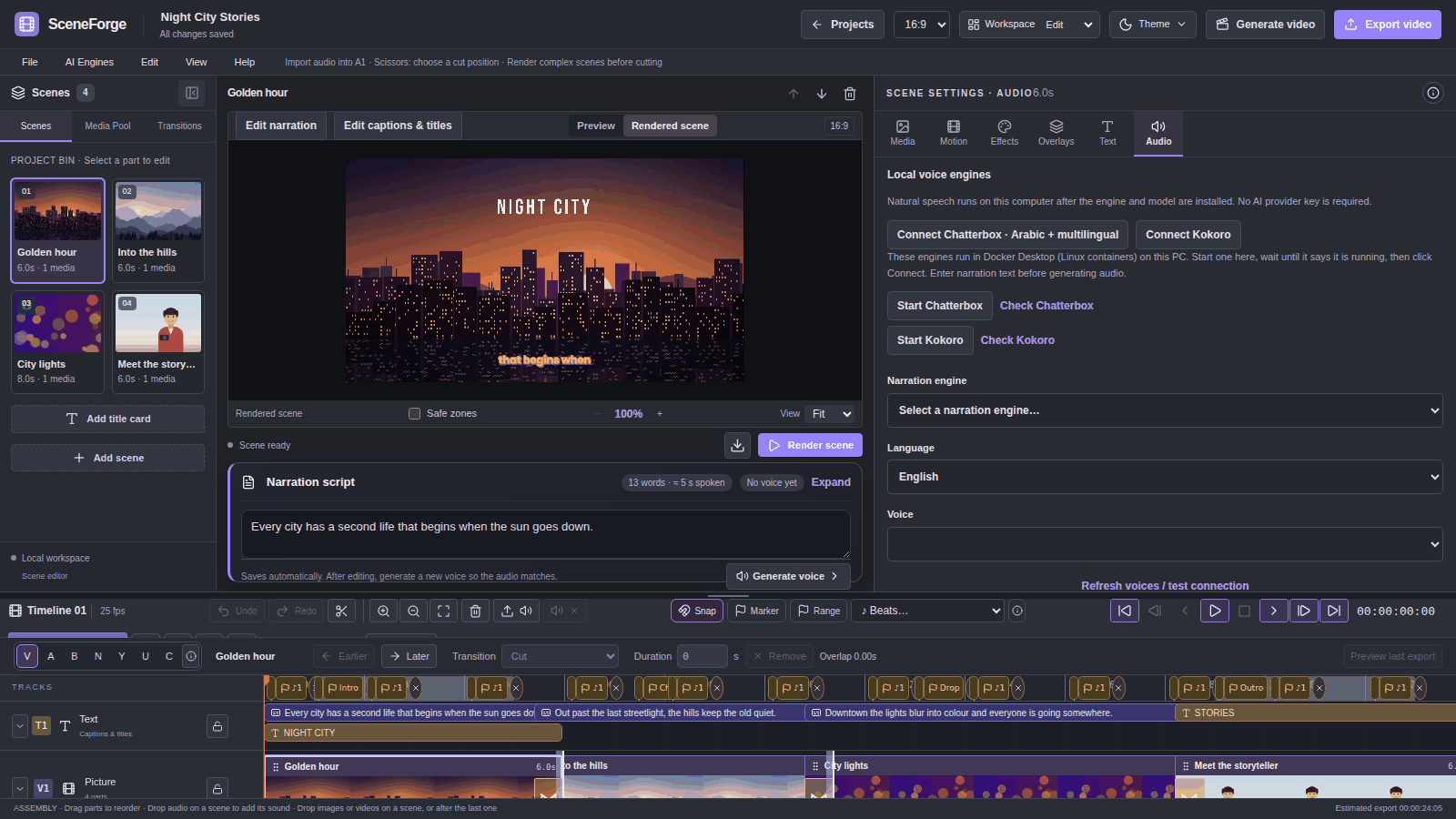 Audio tab with local voice engines: Connect, Start and Check buttons for Chatterbox and Kokoro, and the narration engine, language and voice selectors