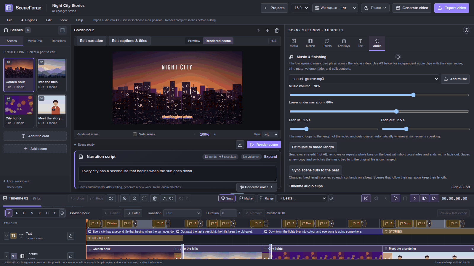 Music & finishing panel: music bed with volume, lowering under narration, fades, Fit music to video length and Sync scene cuts to the beat