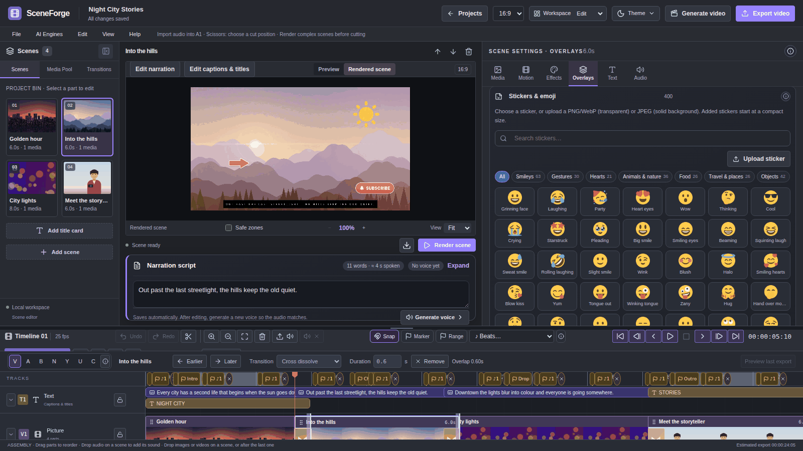Overlays tab with the sticker and emoji library (400 items in 14 categories) and a mountain scene that uses a sun emoji, an arrow and a Subscribe badge