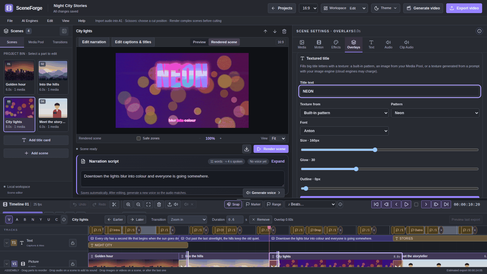 Textured title panel: the word NEON filled with the built-in Neon pattern, with font, size, glow and outline controls, and the rendered result on the bokeh video