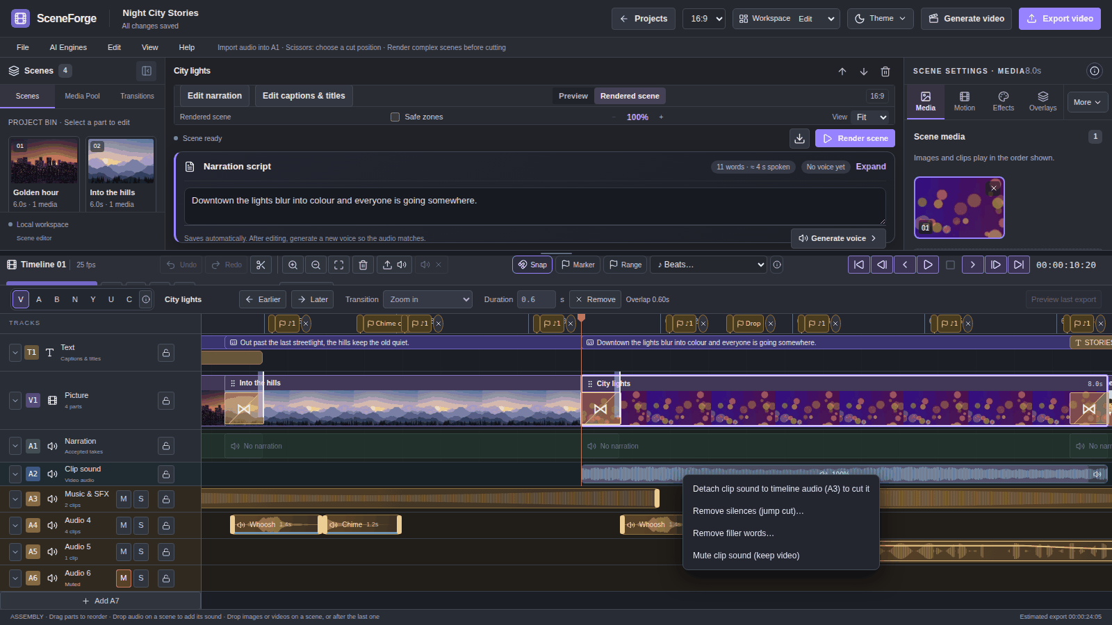 Multitrack timeline with tracks T1, V1, A1, A2 and A3–A6, colour and beat markers in the ruler, a grouped Whoosh and Chime pair on A4, a volume-envelope line on the Street atmos clip on A5, a muted A6 track and the right-click menu of a video's clip sound