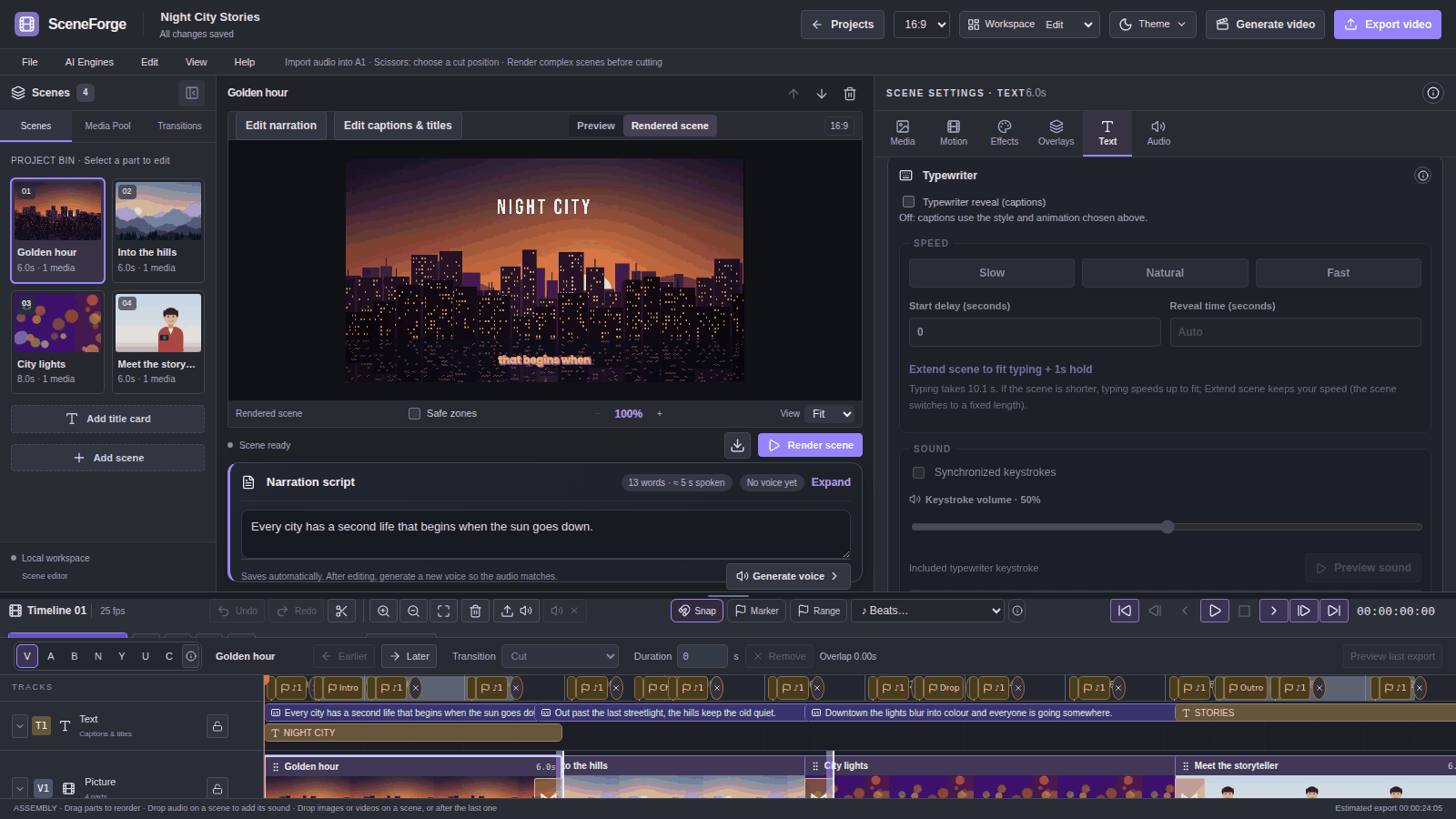 Text tab with the Typewriter box: on/off switch, Slow/Natural/Fast speed, start delay, reveal time, keystroke sound with volume and a Preview sound button