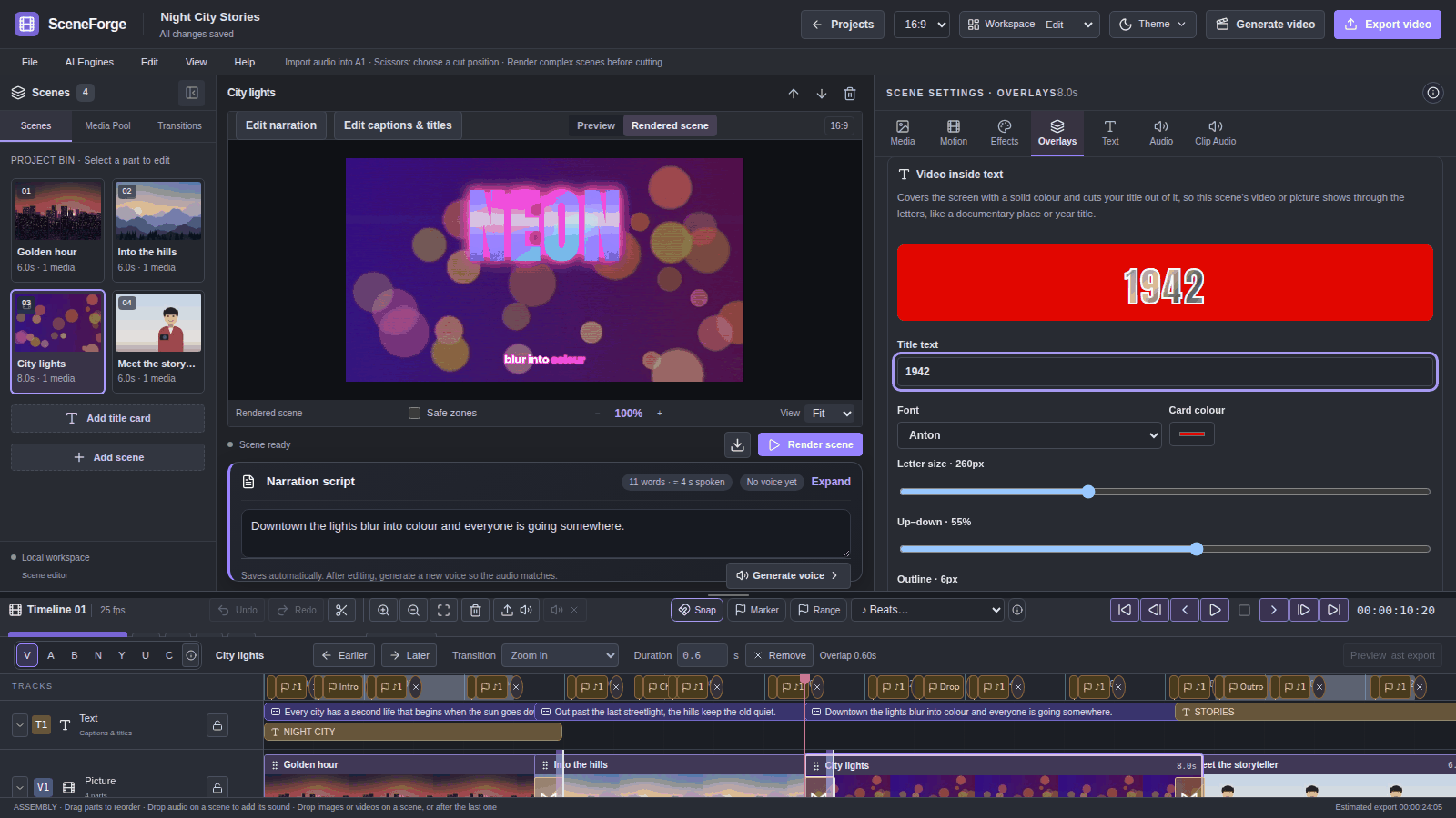 Video inside text panel: a red card preview with the year 1942 cut out of it, with font, colour, size, position, outline and opacity controls