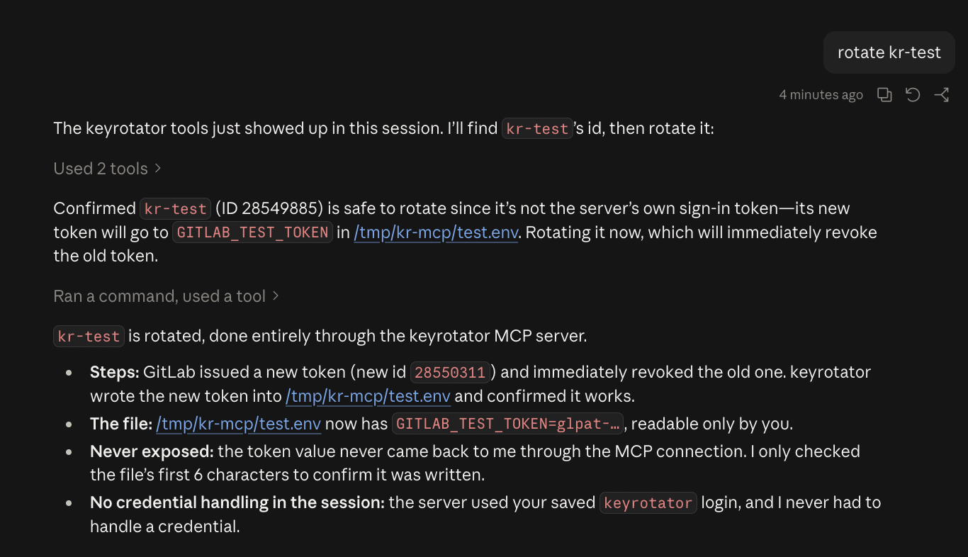 Claude rotating a GitLab token via the rekey MCP server