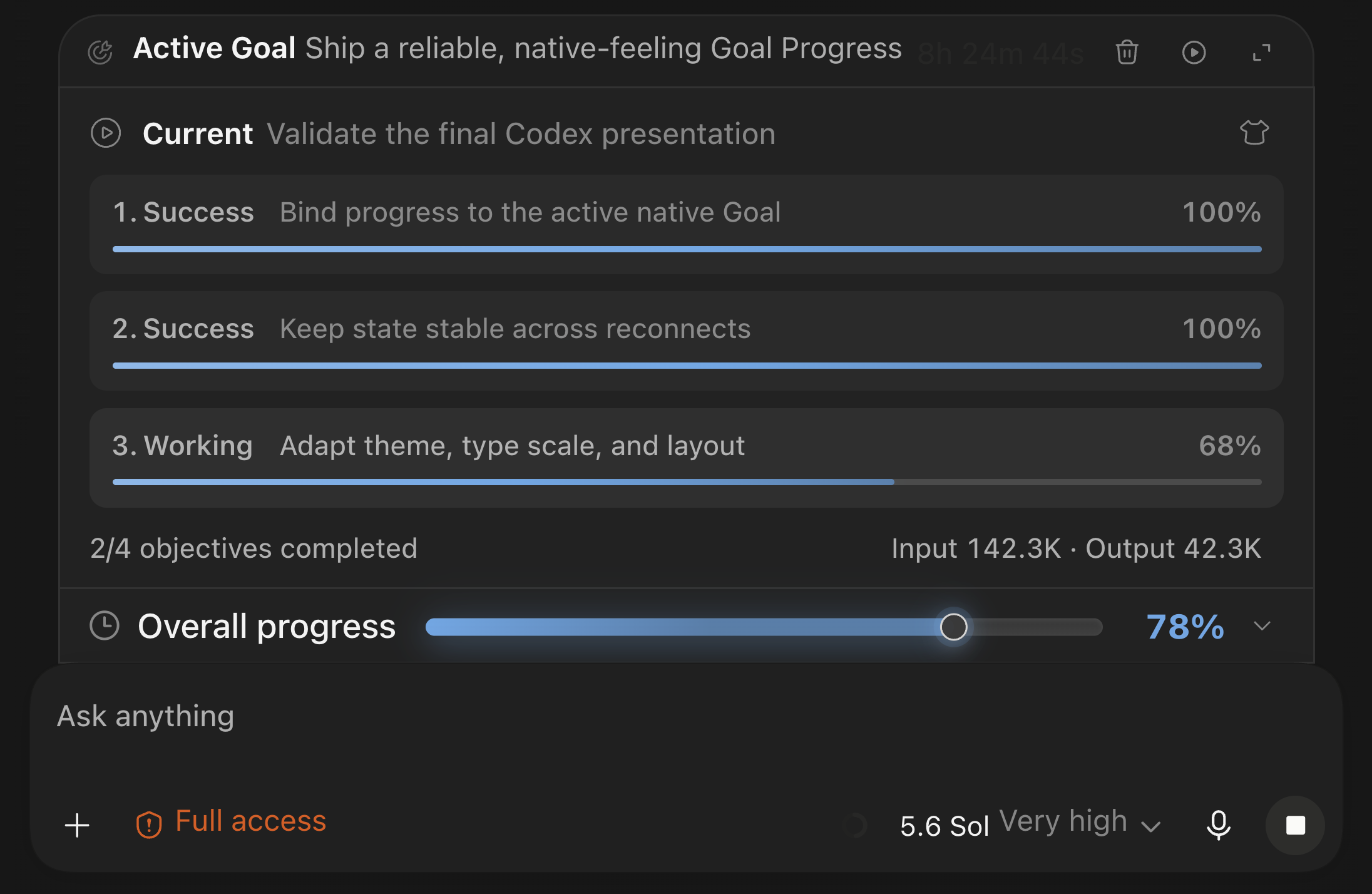 Goal Progress fixed view in the real Codex dark theme
