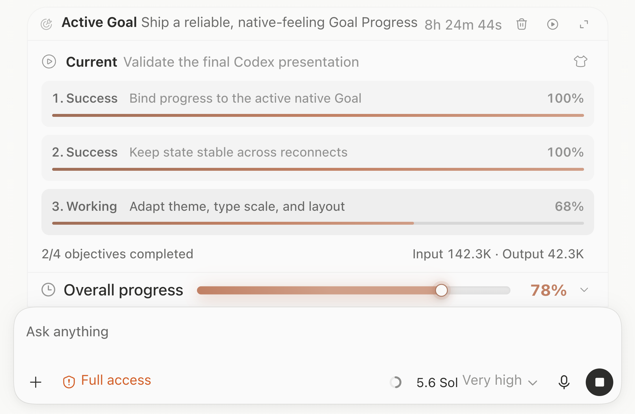 Goal Progress fixed view in the real Codex light theme
