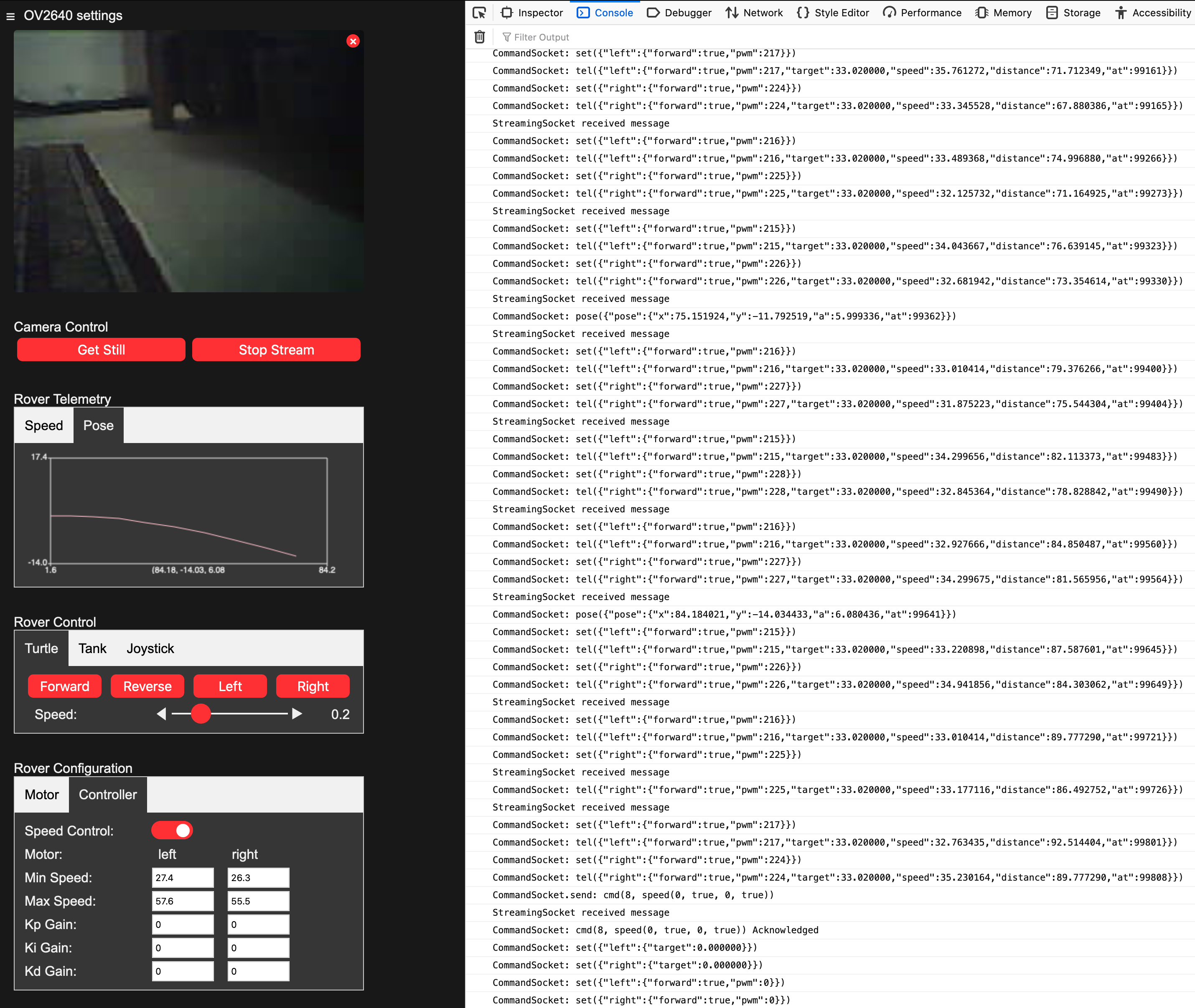 Rover application showing video and pose telemetry