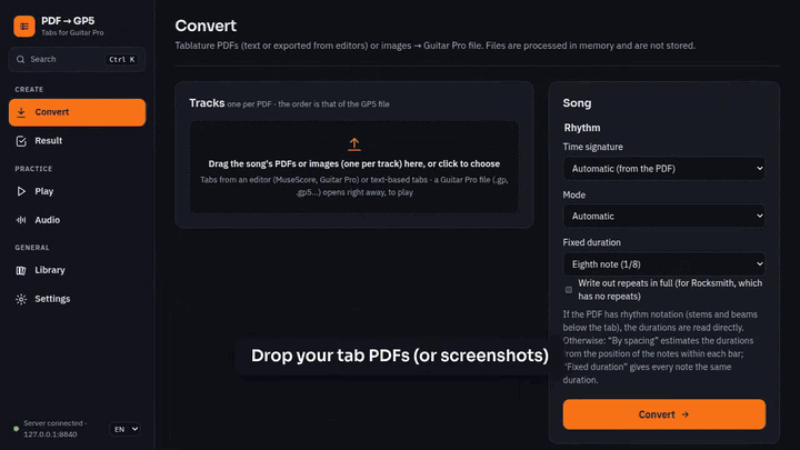 Demo: two tab PDFs converted, then the notation and the 3D highway playing