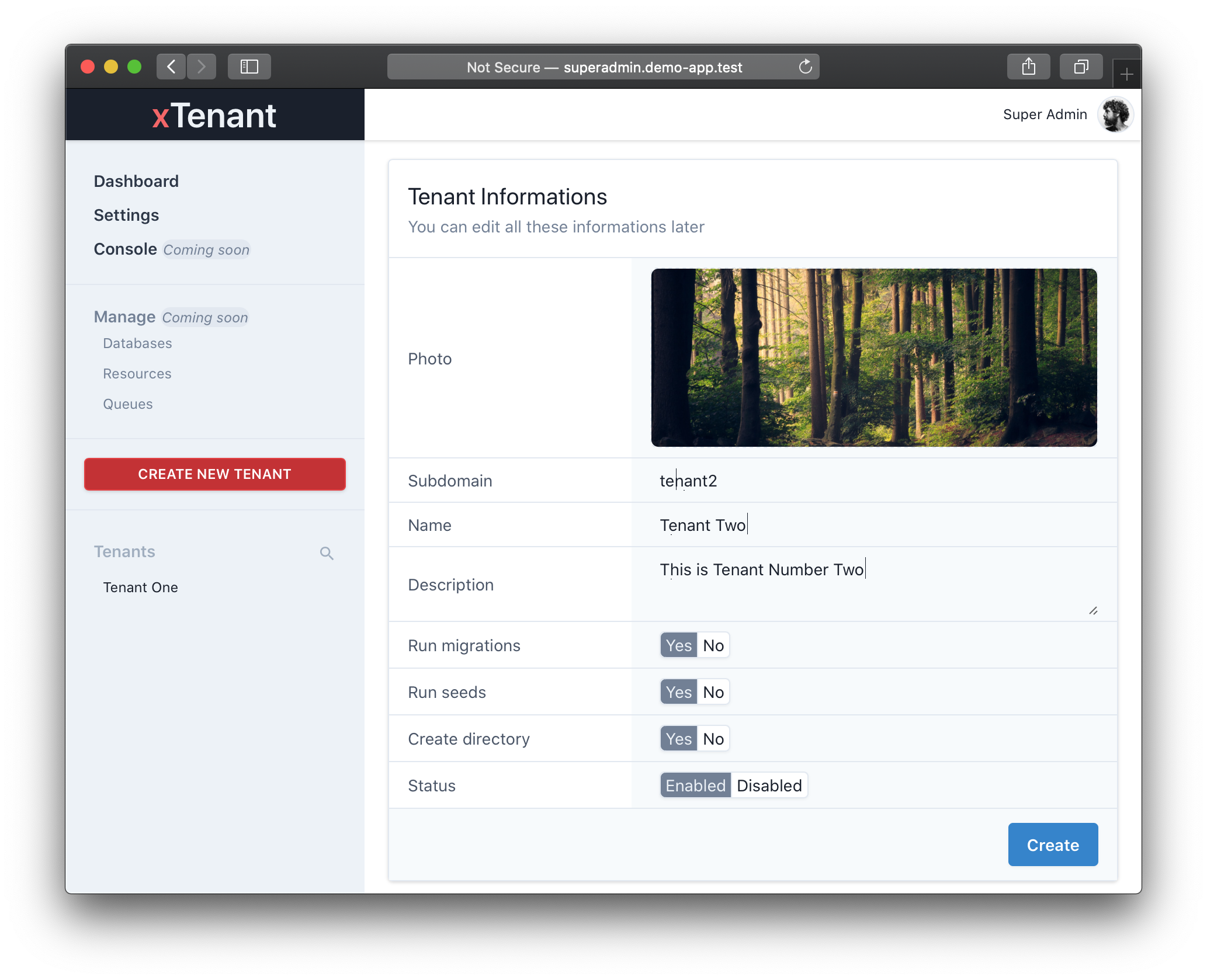 xTenant SuperAdmin Create Tenant via Web Interface