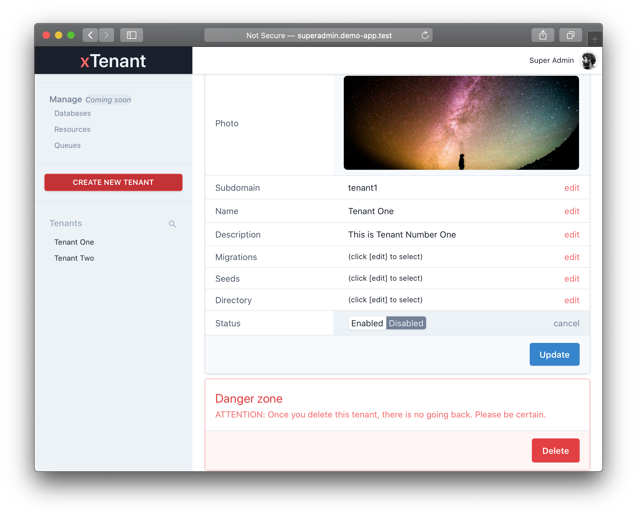 xTenant SuperAdmin Edit or Delete Tenant via Web Interface
