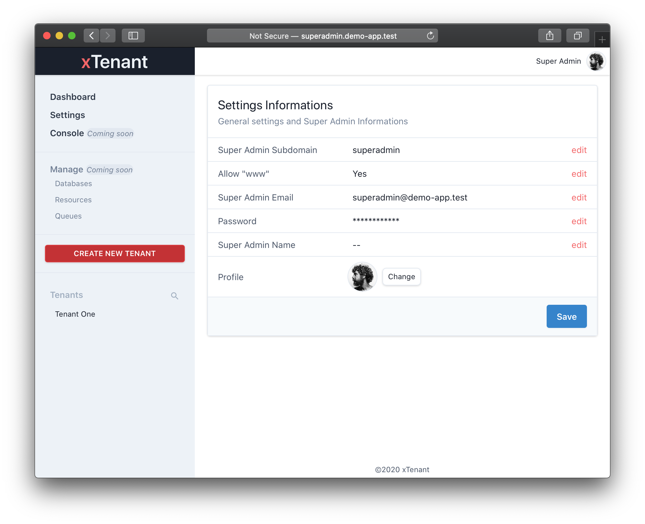 xTenant SuperAdmin Update Settings via Web Interface