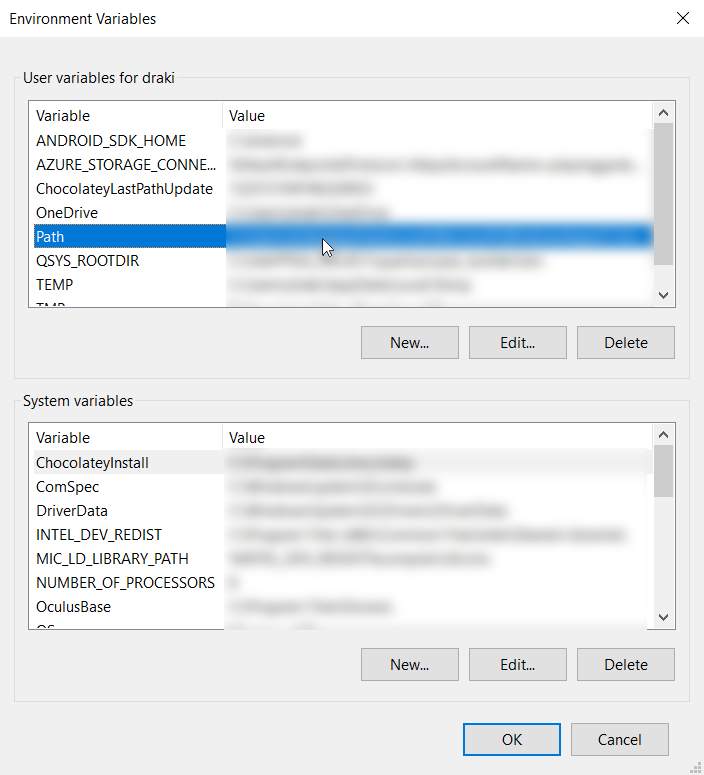 Environment Variables dialog