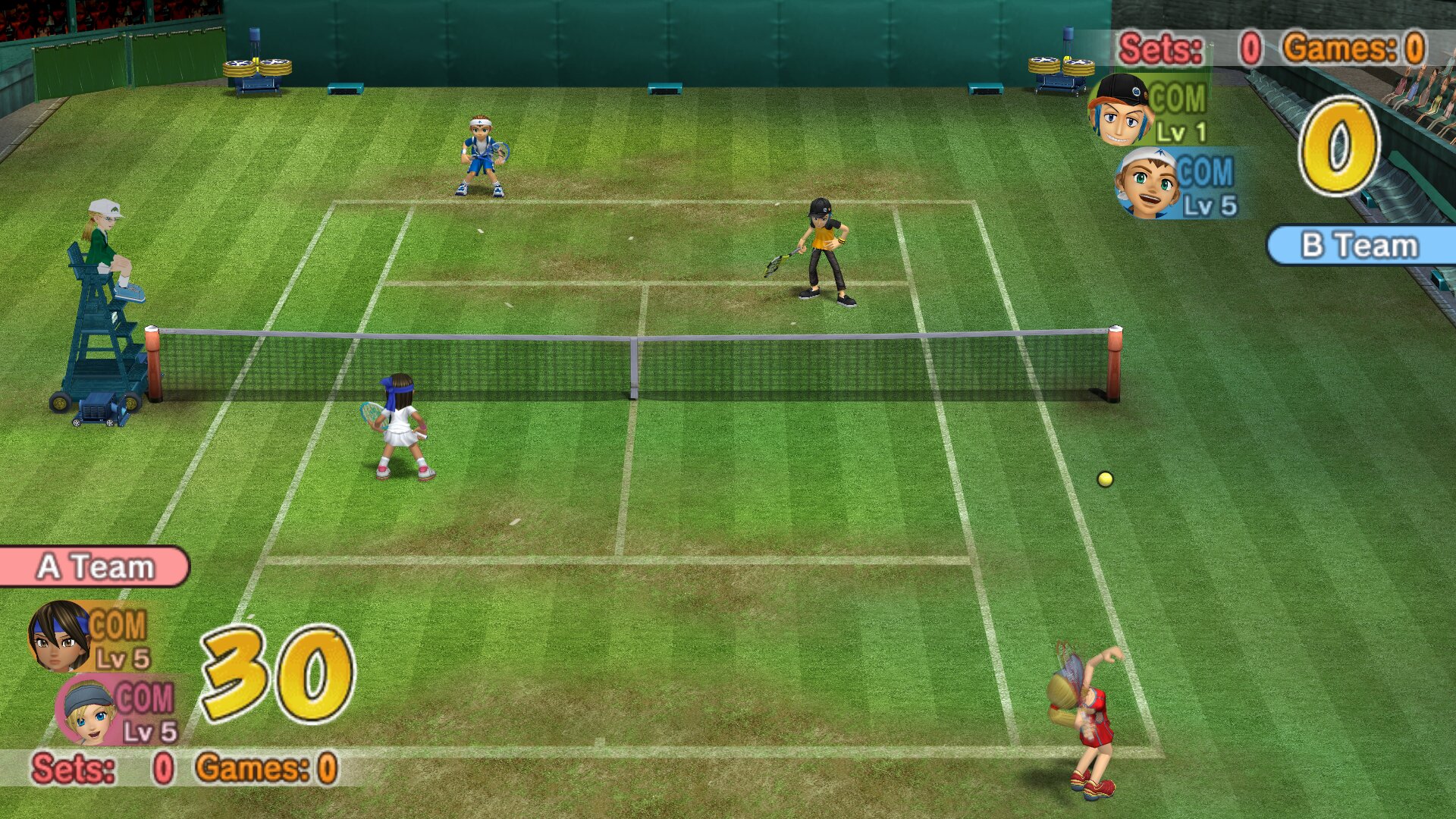 Serving in doubles, with the score panel up