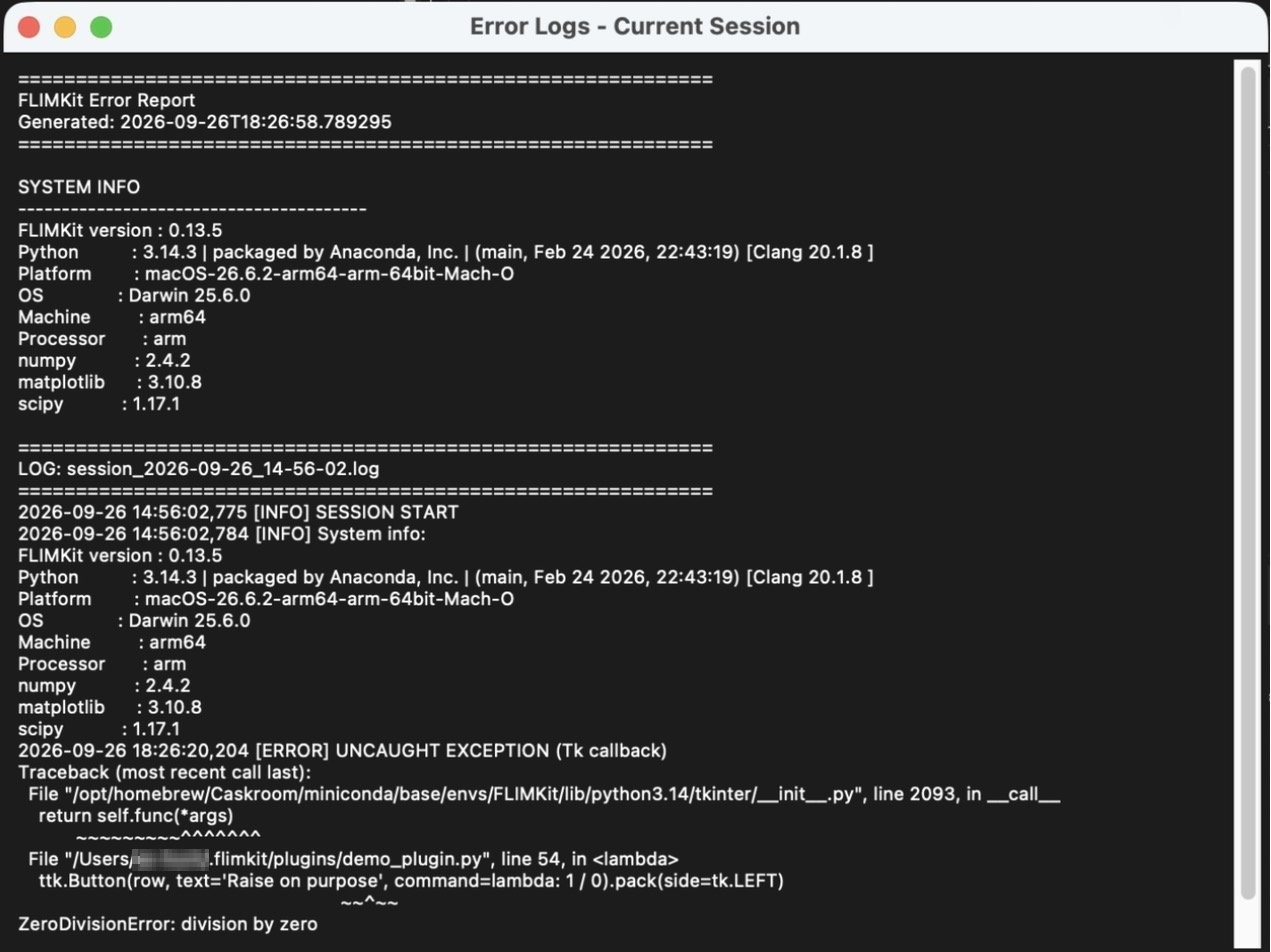 Error log with a plugin traceback
