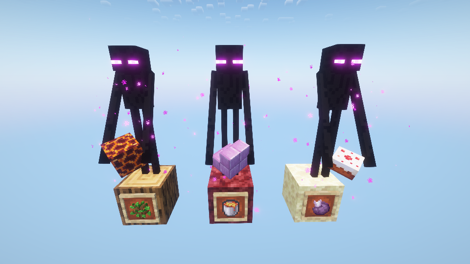 three Endermen holding blocks