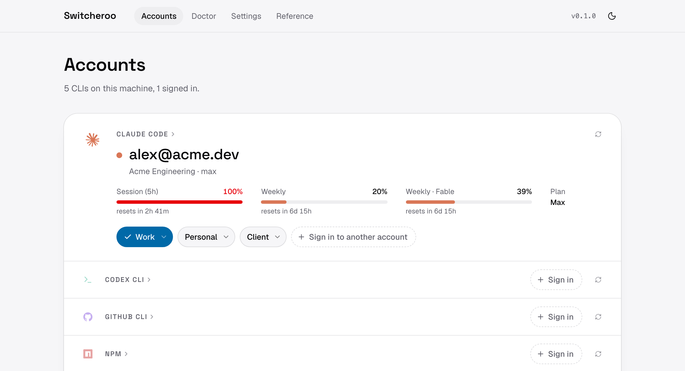 Switcheroo's Accounts page: each CLI on the machine, who it is signed in as, and the remembered accounts to switch to