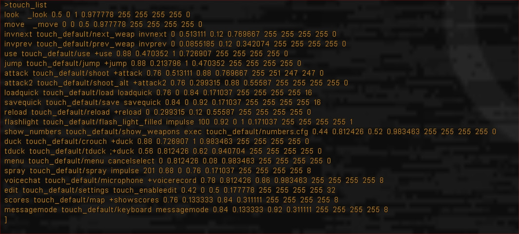 Console output listing every button in the standard touch.cfg file
