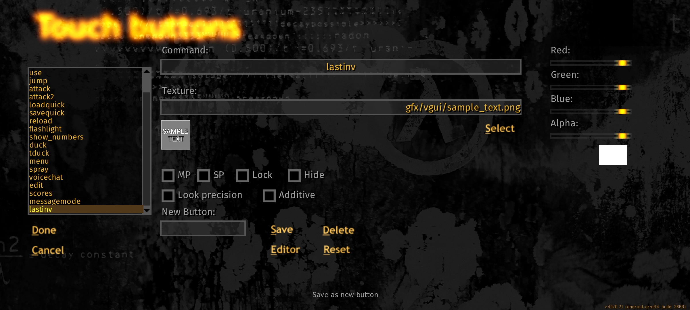 A new touch button added with a custom icon via the lastinv command