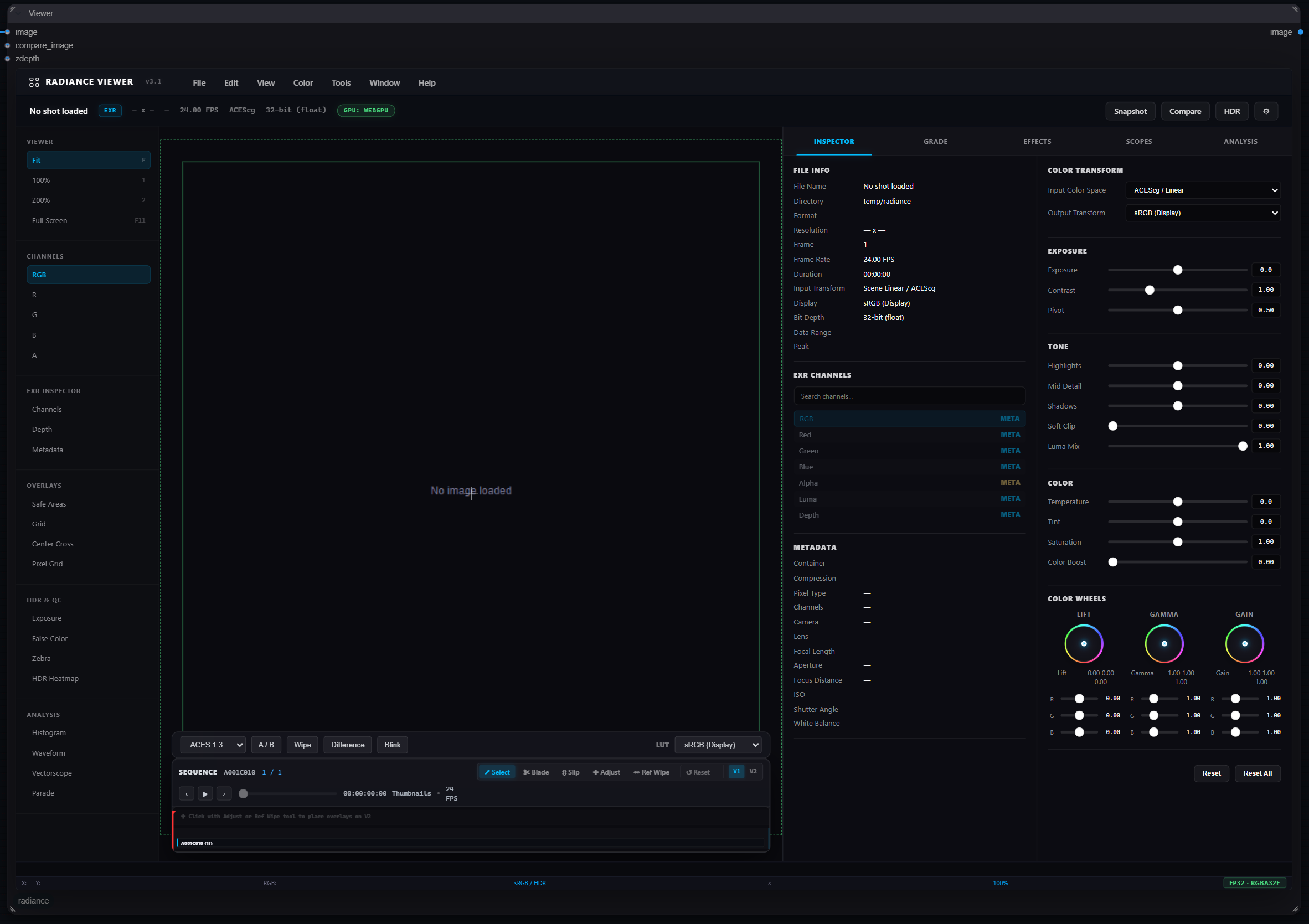 Radiance Viewer with image review, colour controls, and scopes