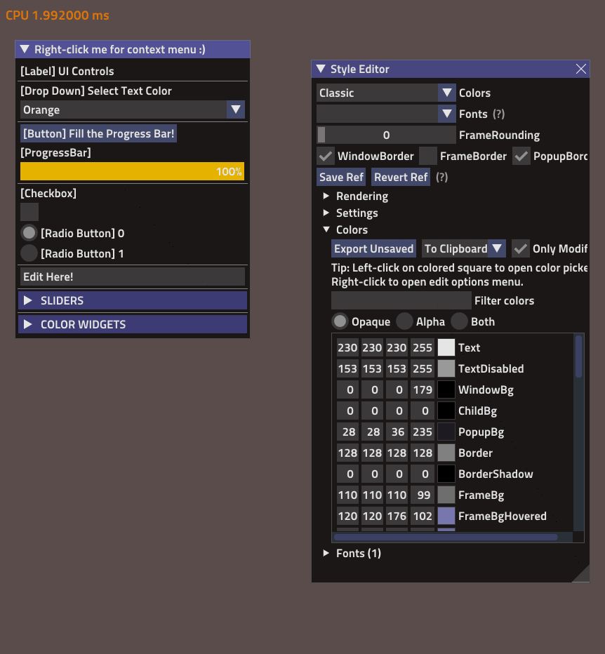 Image of the imGui Integration in The Forge